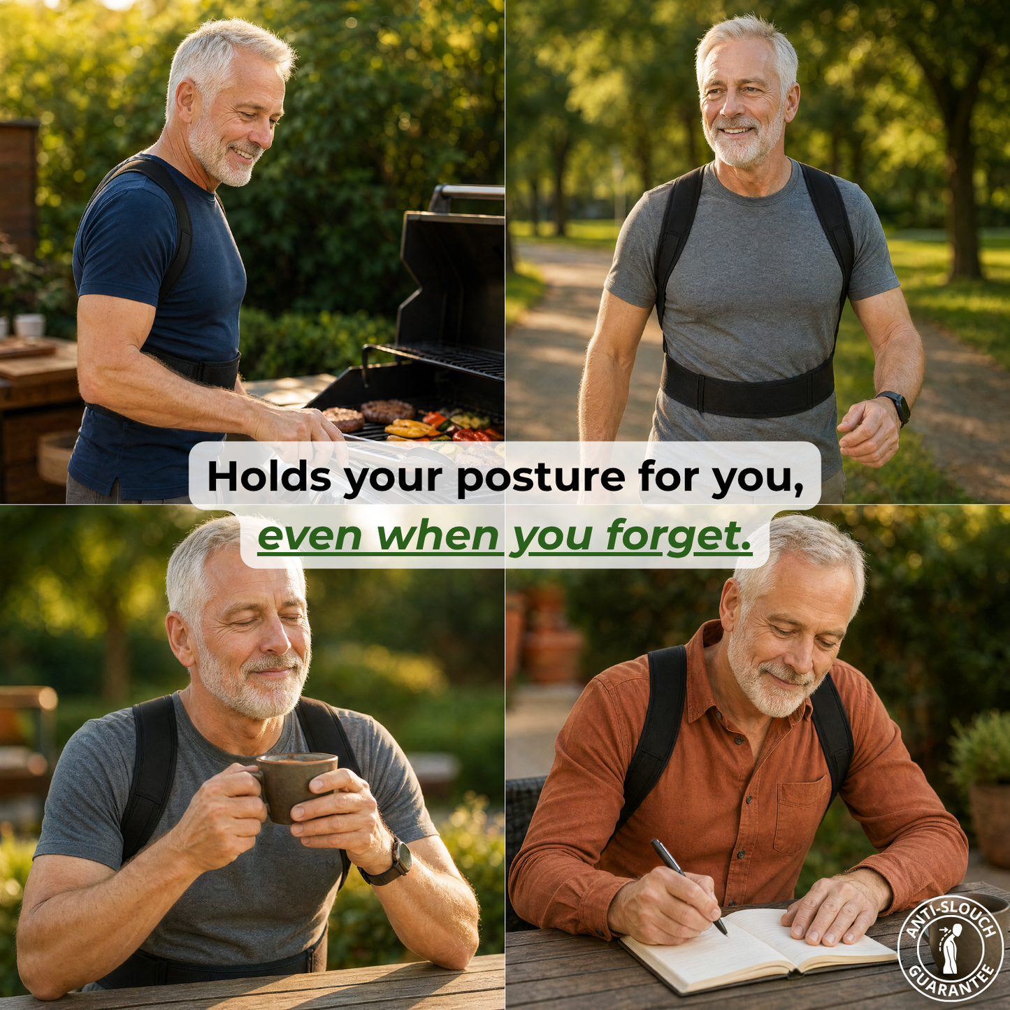 Collage of a man using a back brace in various activities outdoors.