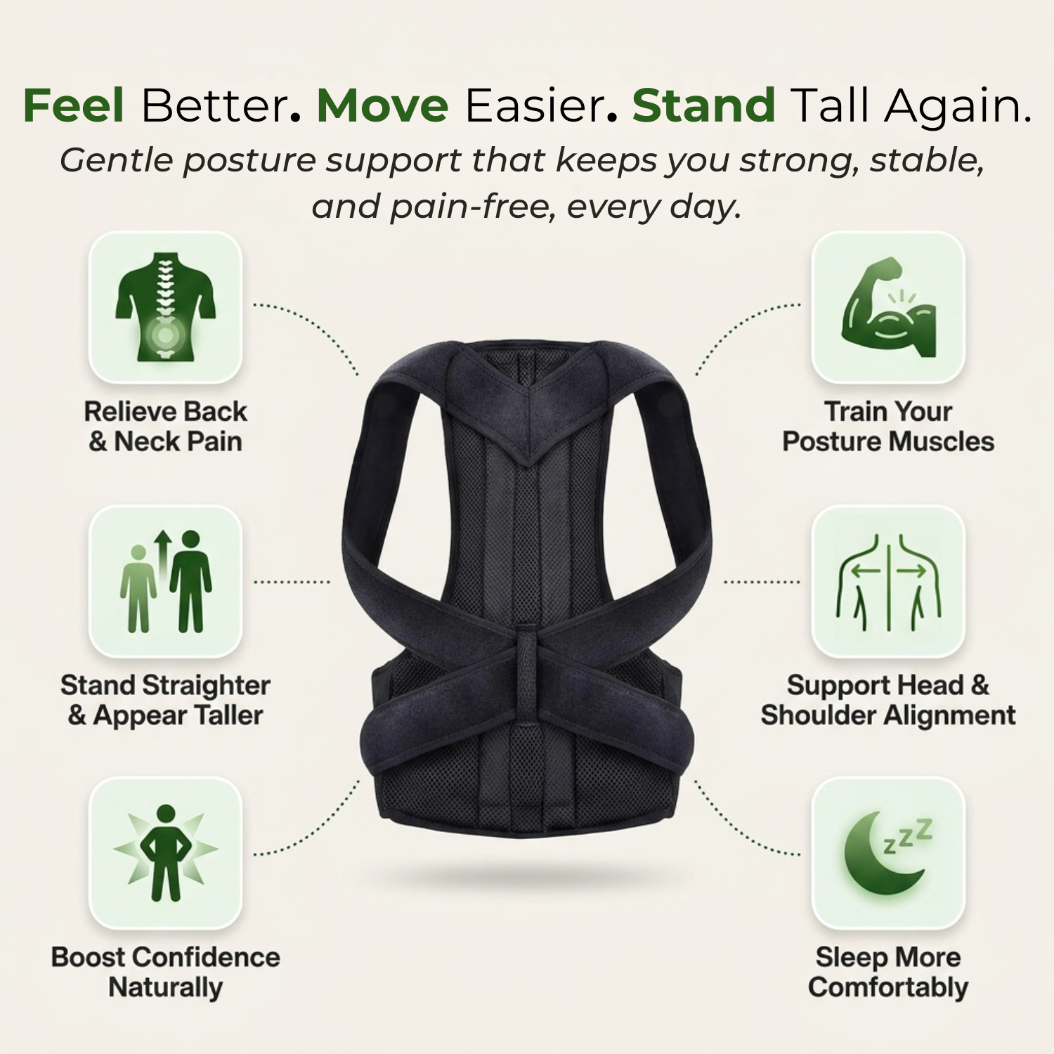 Back brace with posture correction benefits on a light green background