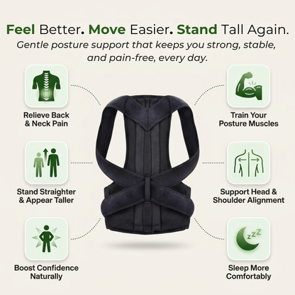 Back brace with posture correction benefits on a light green background