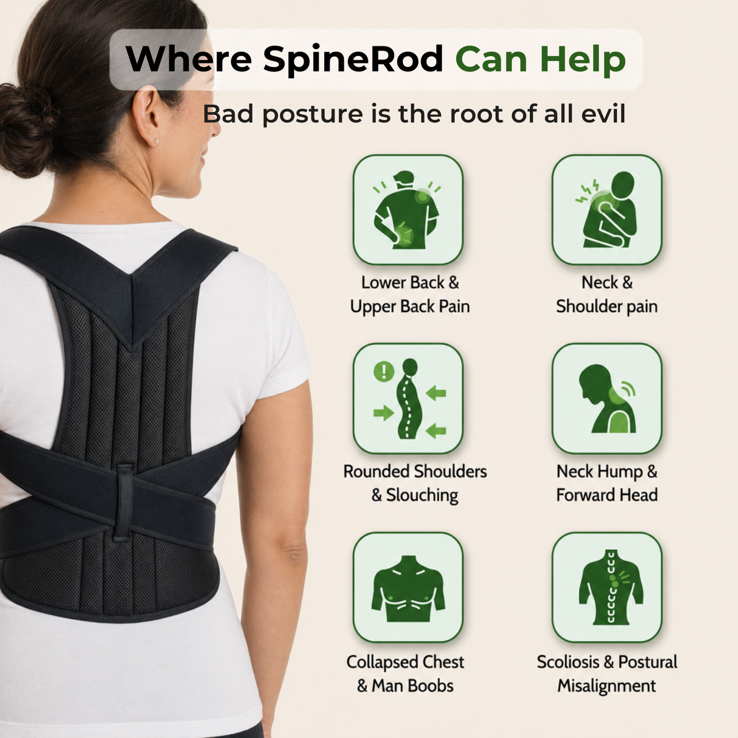 Woman wearing a black spine rod with icons and text explaining its benefits for various postural issues.