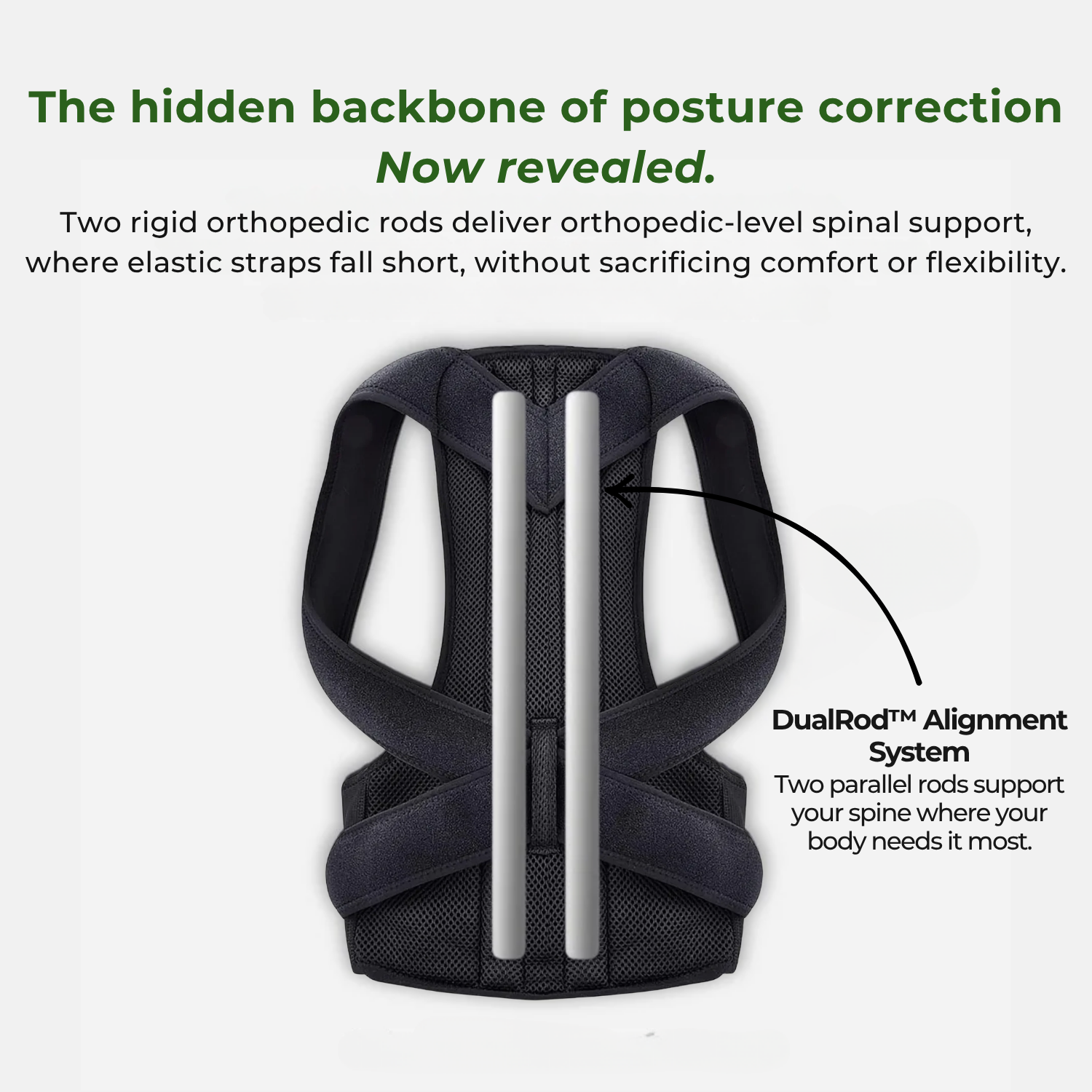 Back posture corrector with text highlighting its features on a white background