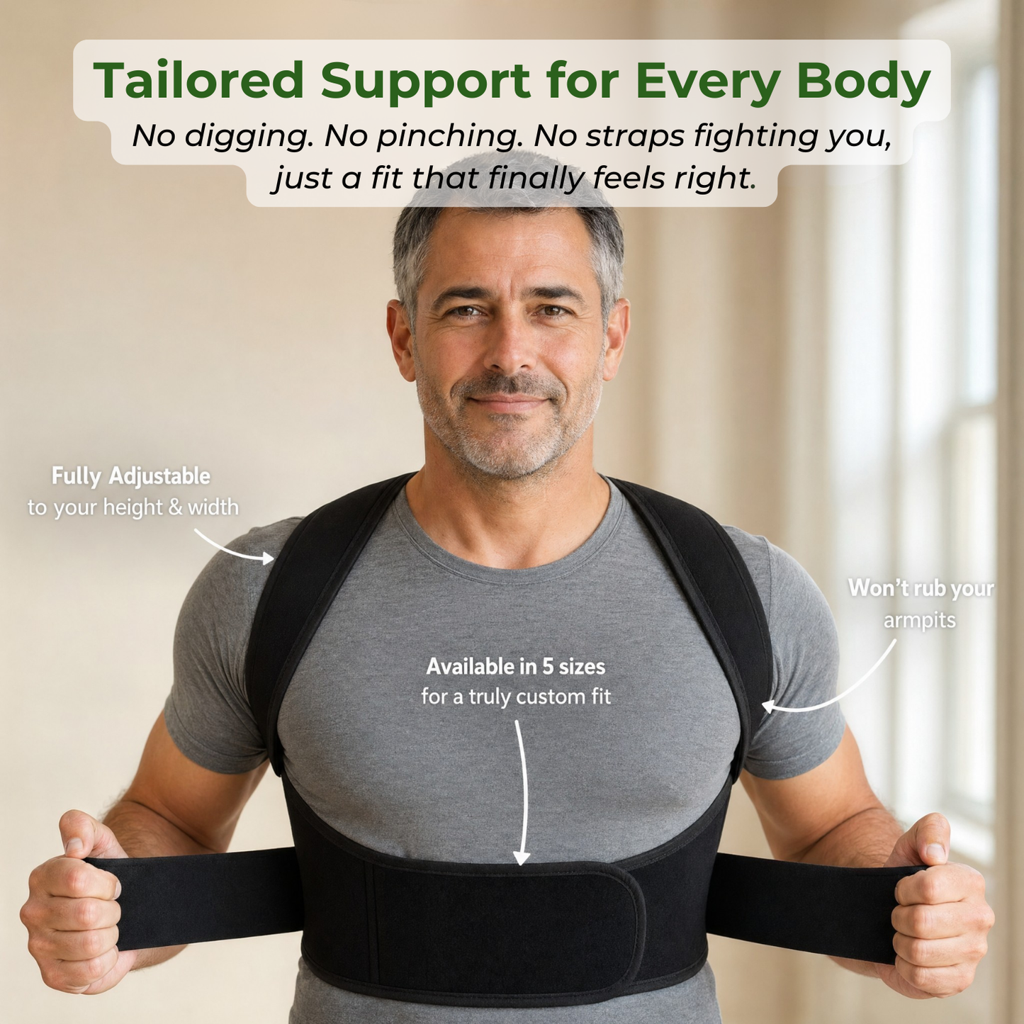 Man wearing a black back support brace with text highlighting its features.