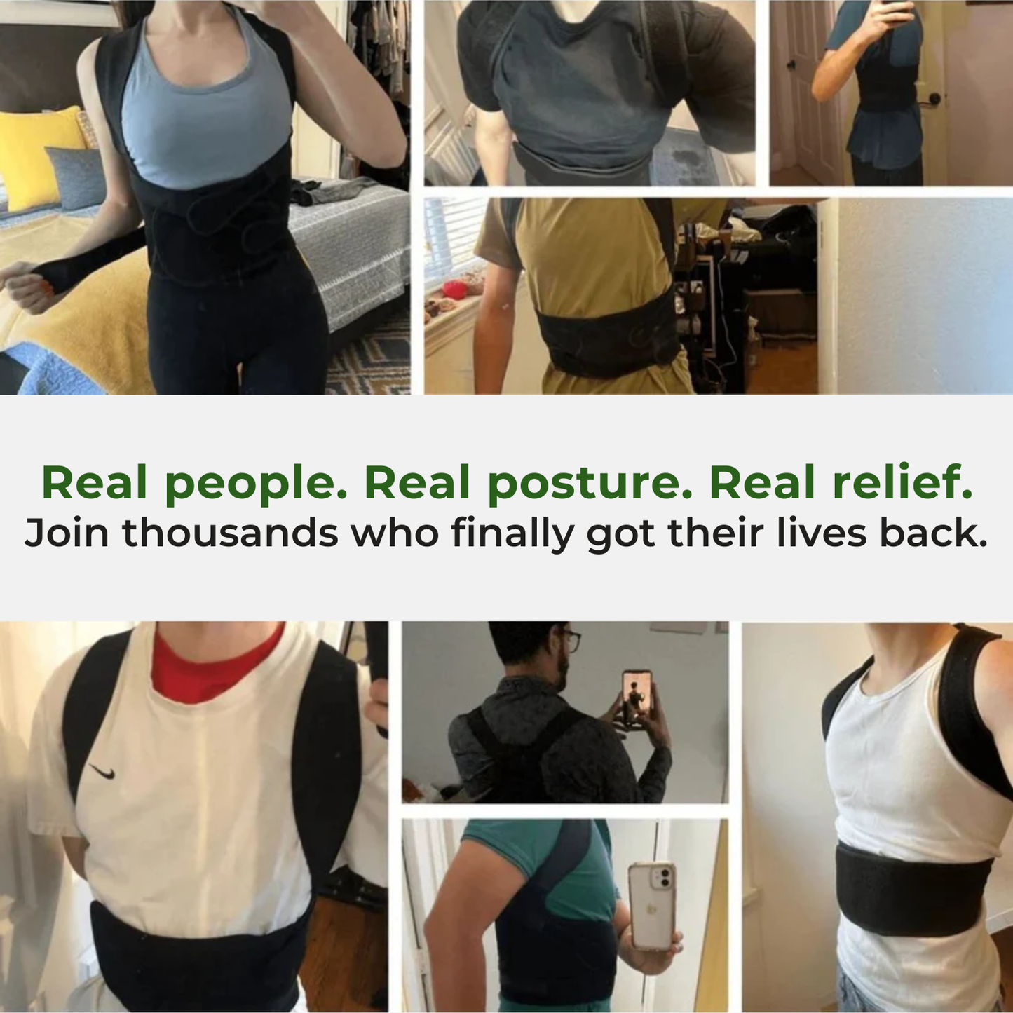 Collage of people wearing a back brace with promotional text about real posture relief.